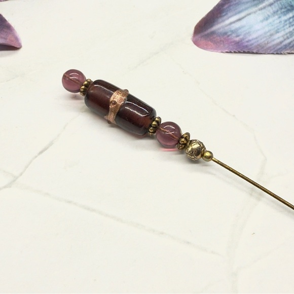 Purple Glass Gold Accent Cylinder Shaped 6” Pin • Hatpin - Stick Pin - Picture 5 of 11